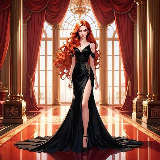 Elegant Woman in Black Evening Gown in Luxurious Hall Digital Artwork