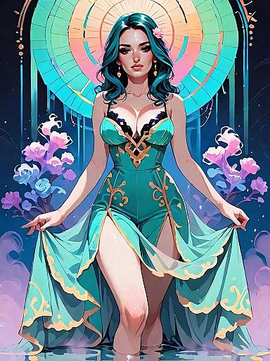 Digital Fantasy Artwork of Woman in Elegant Teal Dress with Ethereal Halo