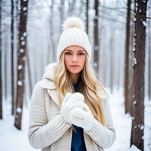 Young Woman in Snowy Forest with Cozy Knit Hat