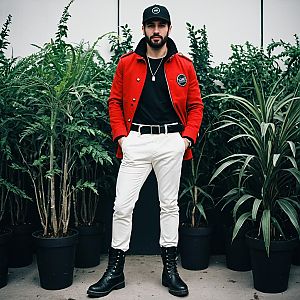 Stylish man in red jacket and white pants among green plants