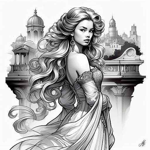 Elegant Woman in Historical Gown with Classical Architecture Background Illustration