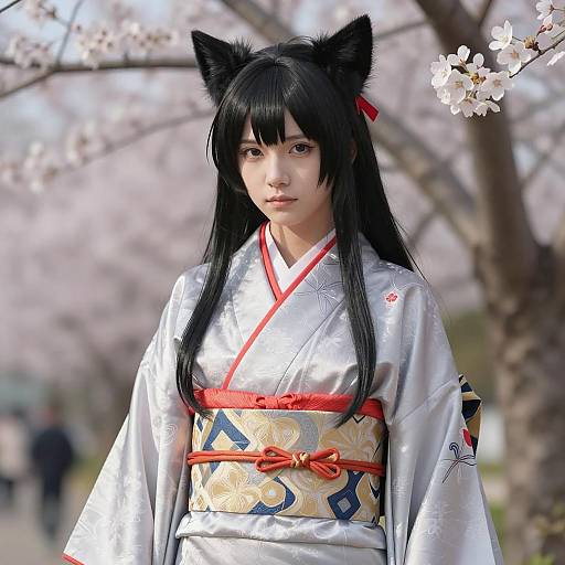 Woman in Traditional Kimono with Cat Ears Cosplay Among Cherry Blossoms