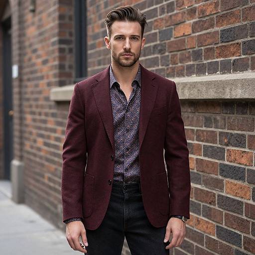 Stylish Man in Maroon Blazer and Patterned Shirt Urban Fashion