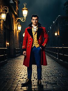 Man in Red Coat and Blue Pants Standing on Brick Walkway Inspired by Disney Gaston