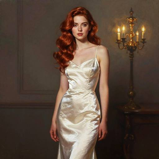 Elegant Woman in Silky White Dress with Vintage Candlelight