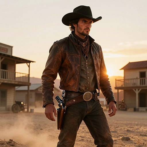 Western Cowboy Man in Leather Jacket with Revolver in Old West Town