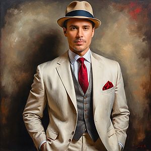 Confident man in vintage beige suit with fedora