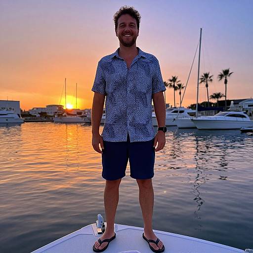 Man Standing on Boat at Marina Sunset with Yachts and Palm Trees