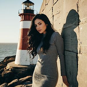 Young Woman Leaning by Coastal Lighthouse in Grey Dress
