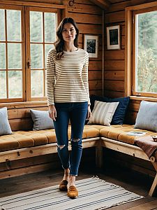 Casual Woman Standing in Cozy Wooden Cabin Interior with Natural Light