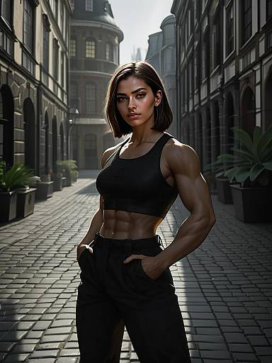 Strong Fit Woman in Urban Street with Classic Architecture