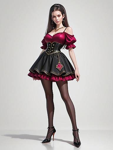Contemporary Chic Woman in Burgundy and Black Corset Dress Full Body Fashion Shot