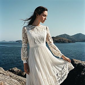 Woman in White Lace Dress by the Sea