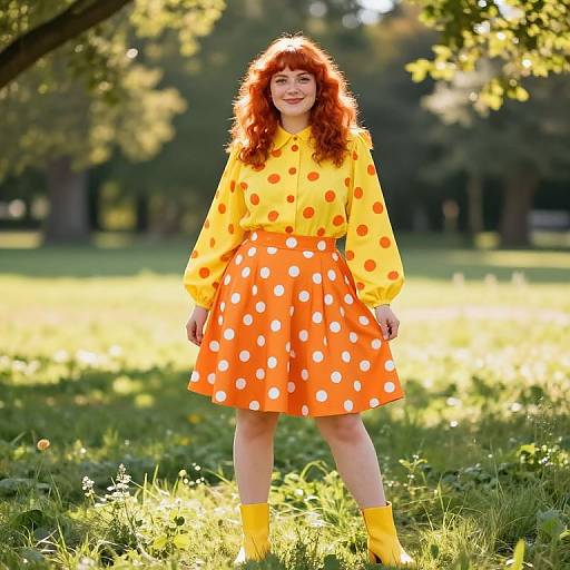 Red-Haired Woman in Retro Polka Dot Outfit Outdoors