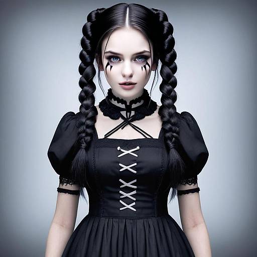 Gothic Woman in Black Dress with Braided Hair and Dramatic Makeup