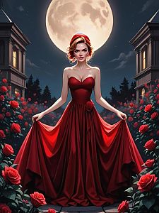 Elegant Woman in Red Gown with Roses and Full Moon