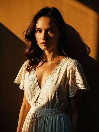 Woman in Bohemian Chic White Lace Maxi Dress with V-Neckline and Flutter Sleeves