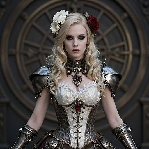 Steampunk Woman in Armored Corset with Gothic Jewelry and Floral Headpiece