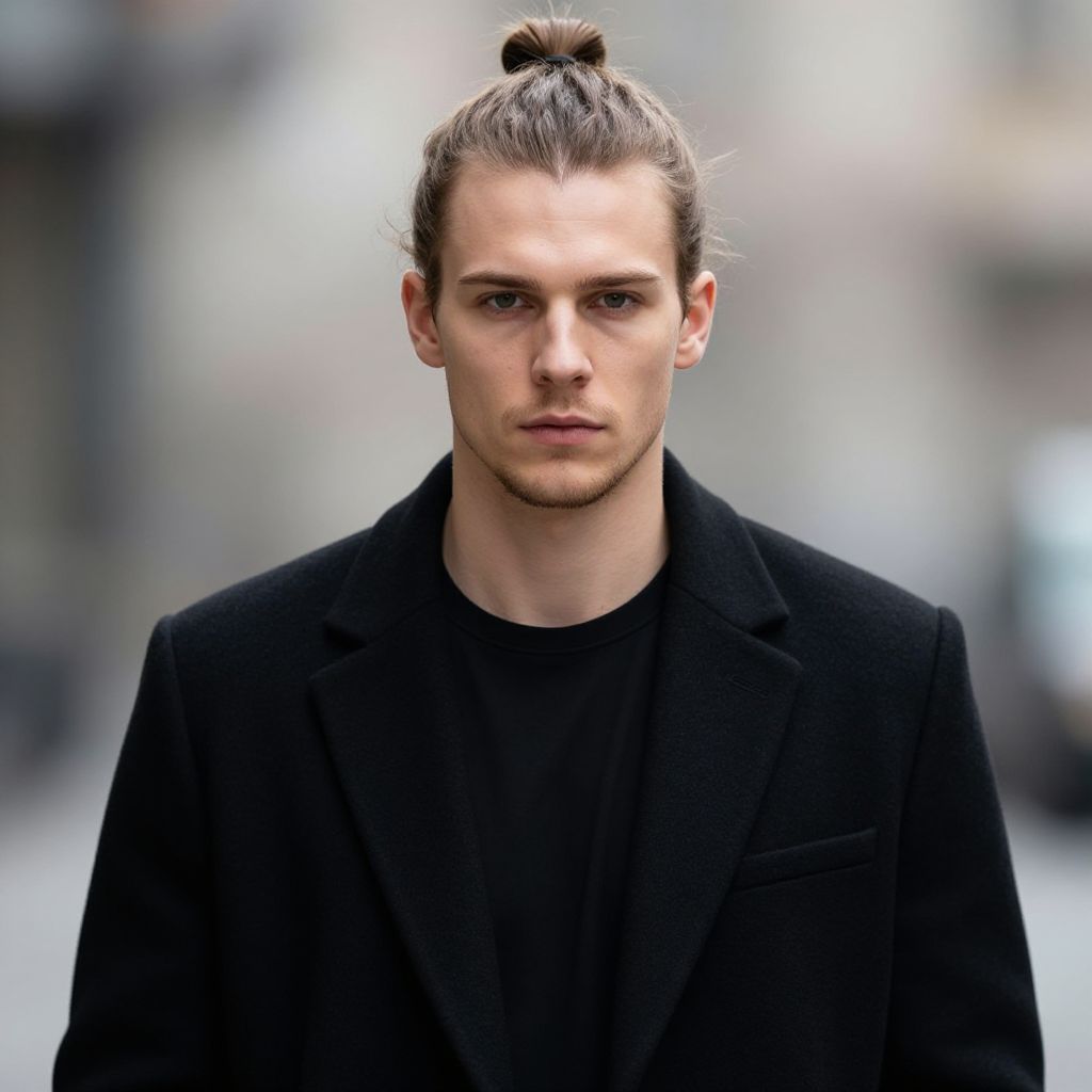Portrait of Young Man with Man Bun in Black Coat Urban Street