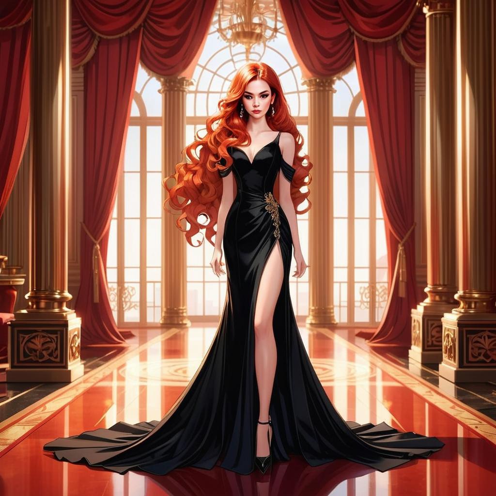 Elegant Woman in Black Evening Gown in Luxurious Hall Digital Artwork
