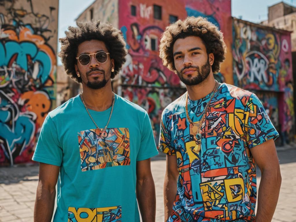 Two Men in Graphic Tees by Graffiti Wall