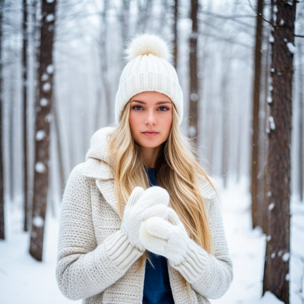 Young Woman in Snowy Forest with Cozy Knit Hat Young Woman in Snowy Forest with Cozy Knit Hat