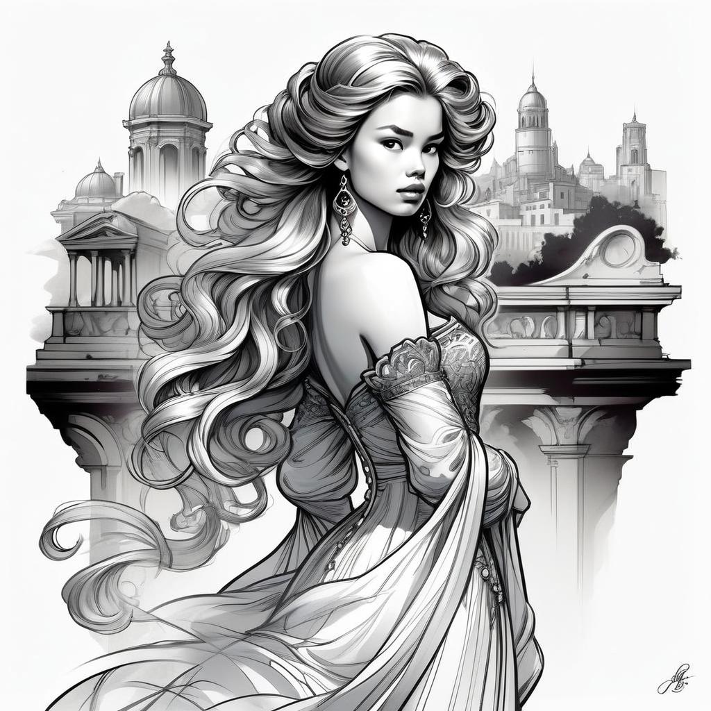 Elegant Woman in Historical Gown with Classical Architecture Background Illustration