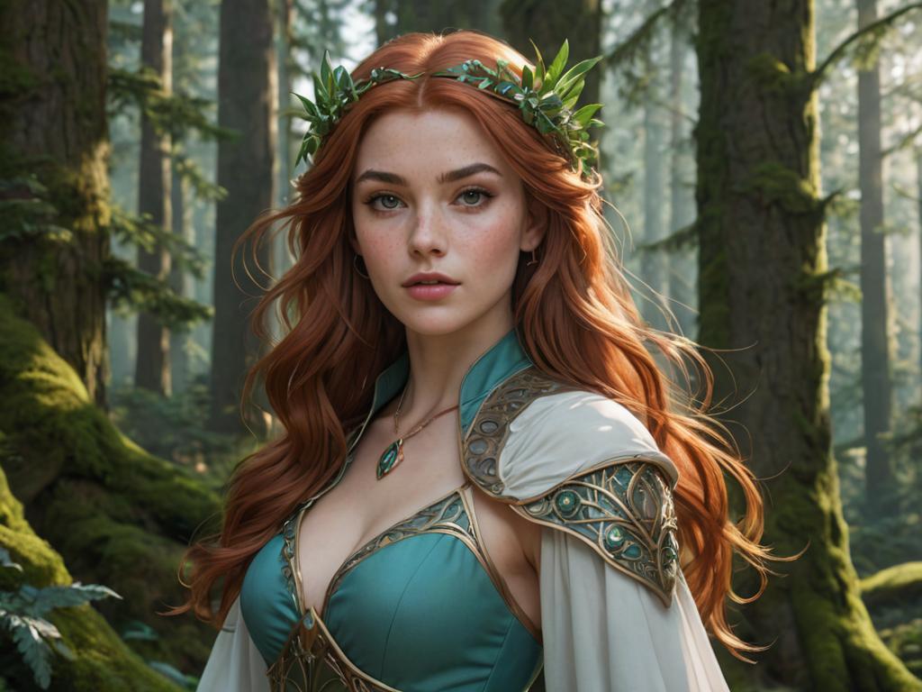 Woman in Fantasy Attire in Serene Forest