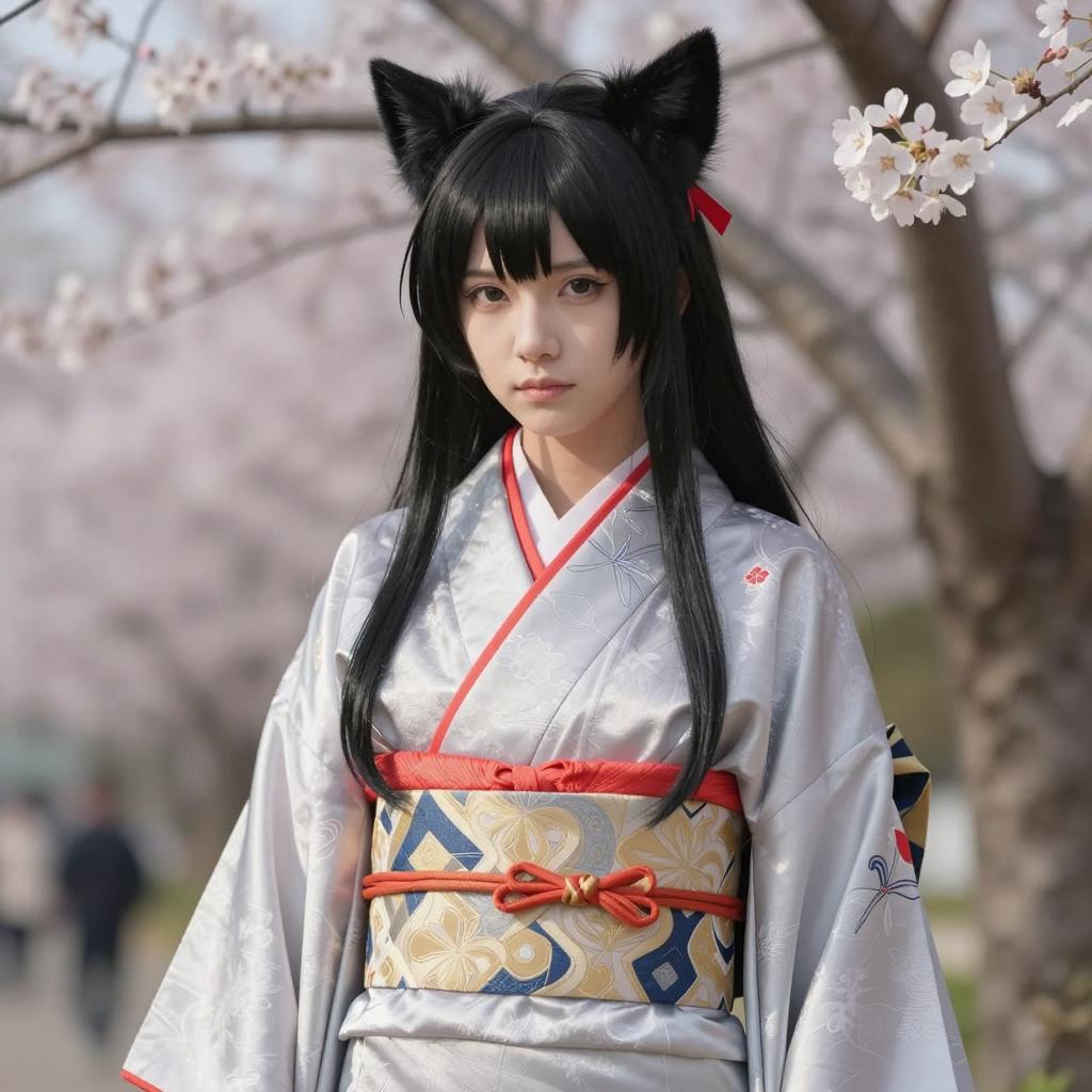 Woman in Traditional Kimono with Cat Ears Cosplay Among Cherry Blossoms