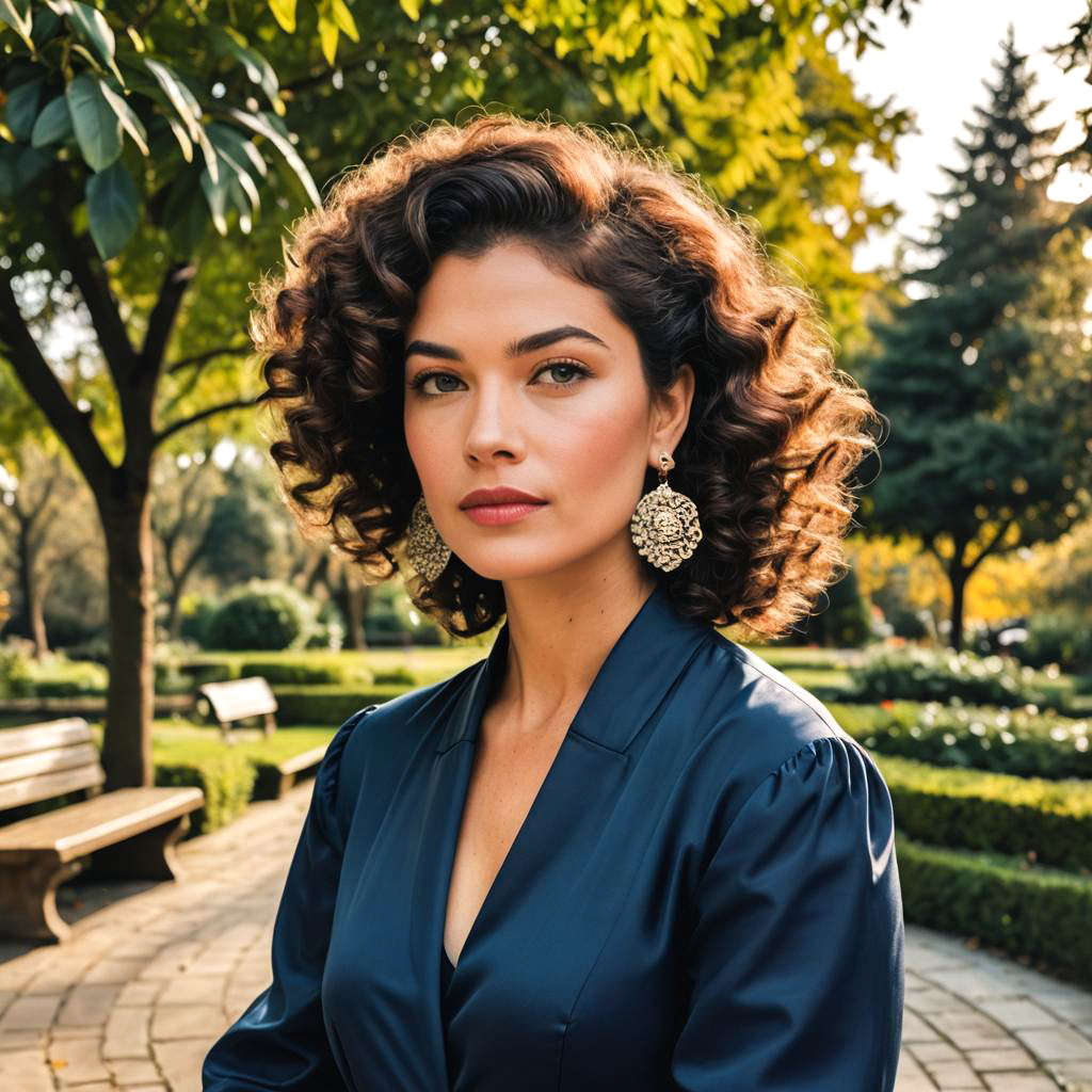 Stylish Woman in Blue Outfit in Lush Park