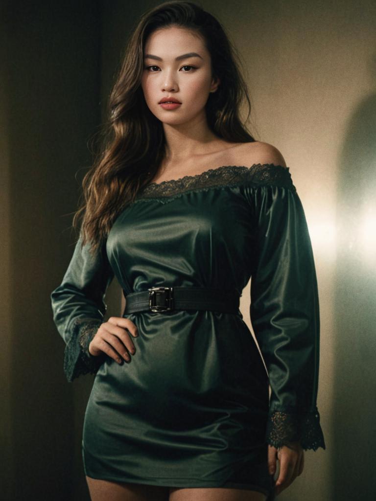 Elegant Woman in Off-the-Shoulder Green Dress with Vintage Film Aesthetic