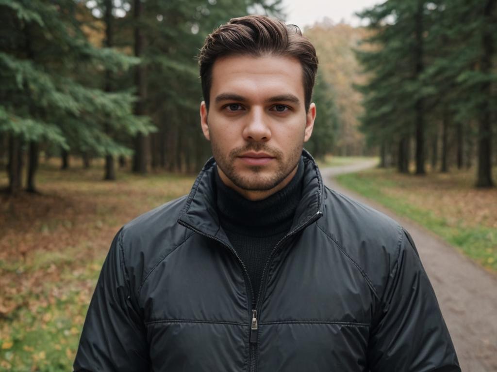 Man in Zipped Jacket Among Autumn Trees