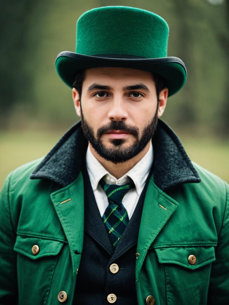 Man Wearing Green Bowler Hat and Coat Outdoors