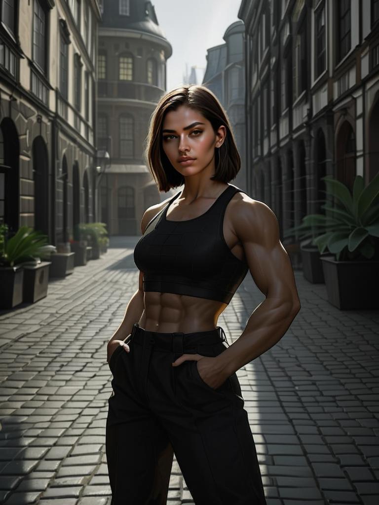 Strong Fit Woman in Urban Street with Classic Architecture
