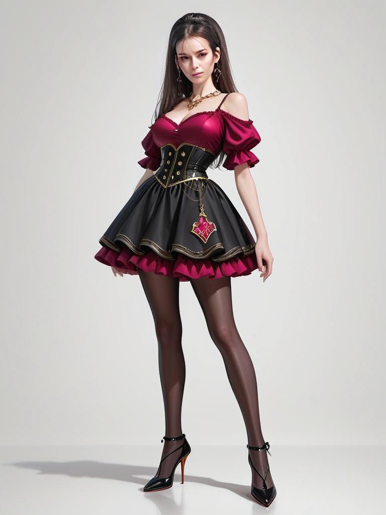 Contemporary Chic Woman in Burgundy and Black Corset Dress Full Body Fashion Shot