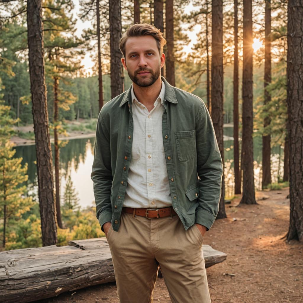 Man in Serene Forest at Sunset