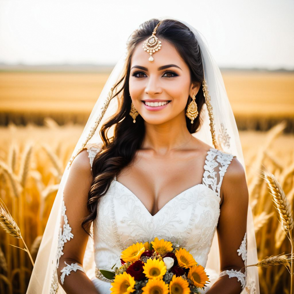 Elegant Bride in Wheat Field with Sunflowers