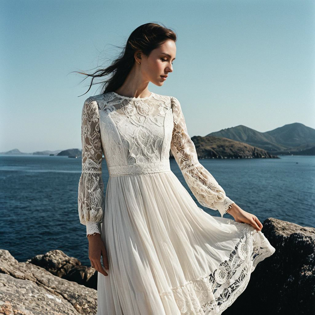 Woman in White Lace Dress by the Sea Woman in White Lace Dress by the Sea