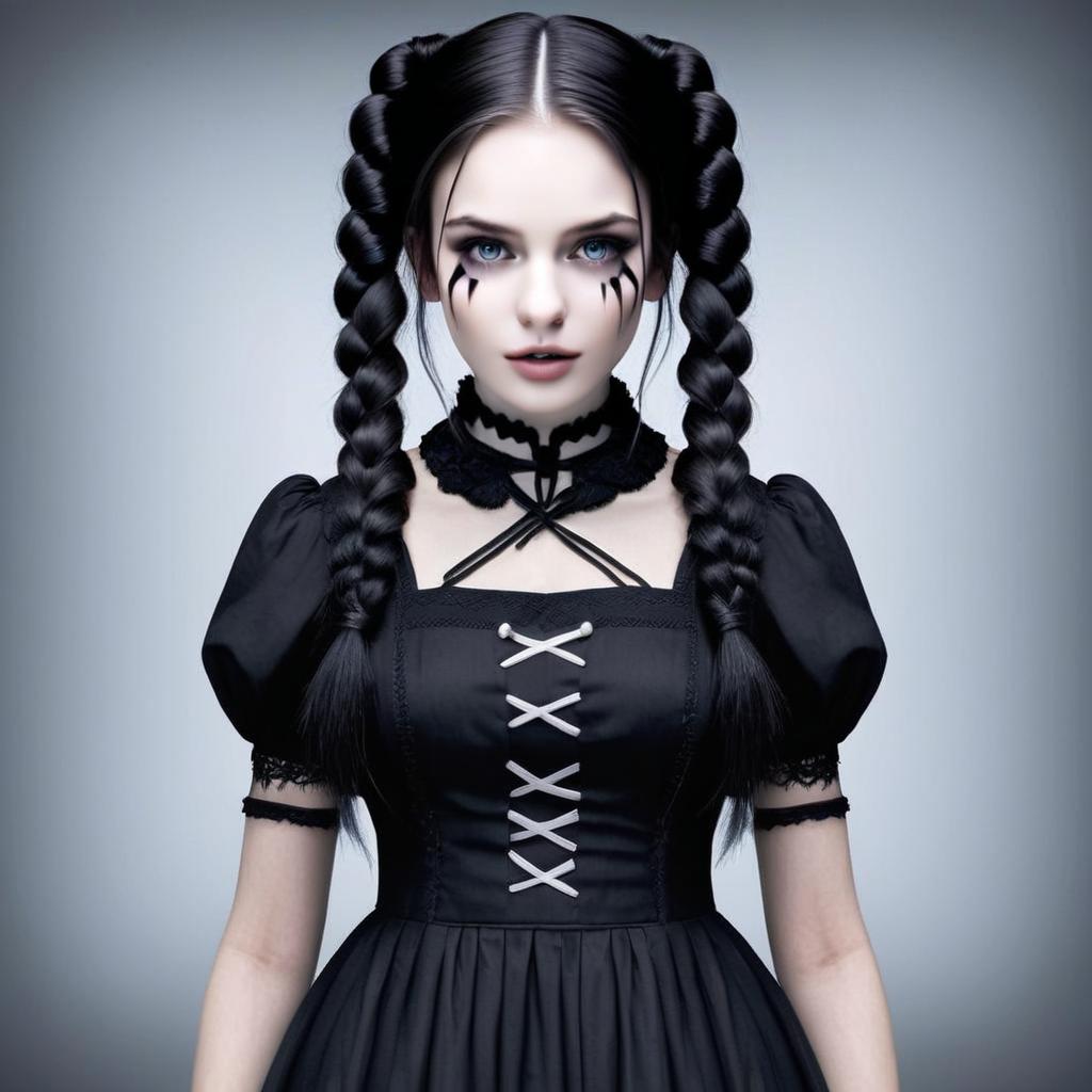 Gothic Woman in Black Dress with Braided Hair and Dramatic Makeup