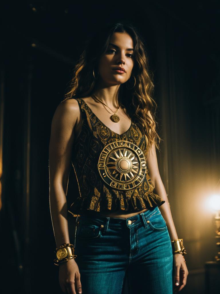 Bohemian Brown Patterned Tank Top with Ruffle Detail and Gold Jewelry on Woman