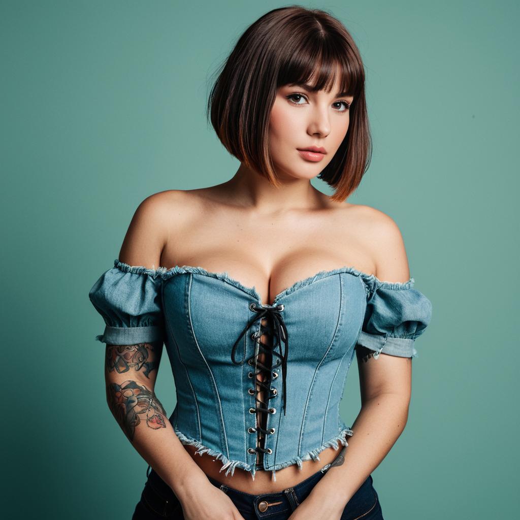 Young Woman in Off-Shoulder Denim Corset Top with Tattoo