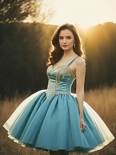 Woman in Mini Ball Gown Photorealistic Outdoor Portrait at Golden Hour