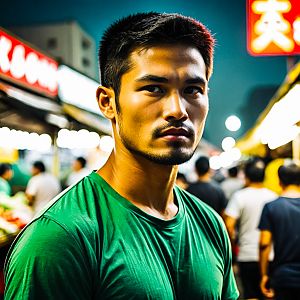 Young Man in Neon-lit Night Market