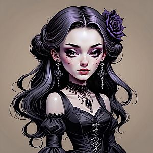 Gothic Woman with Dark Hair and Purple Rose