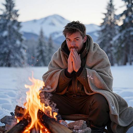 Man Warming Hands by Campfire in Snowy Mountain Landscape
