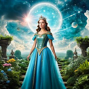 Elegant Woman in Blue Gown in Mystical Garden