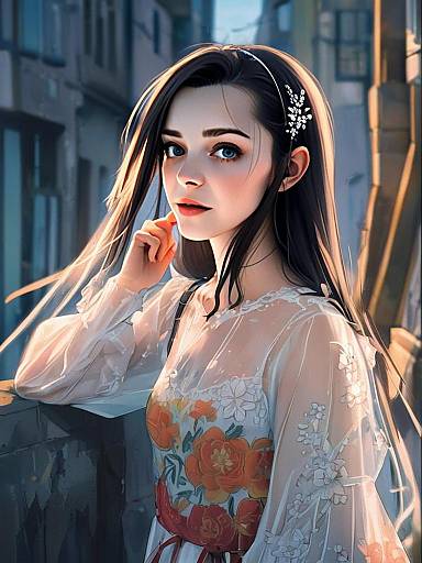 Digital Portrait of Woman in Sheer Floral Embroidered Dress