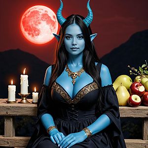 Woman with Blue Skin and Horns in Gothic Fantasy Scene