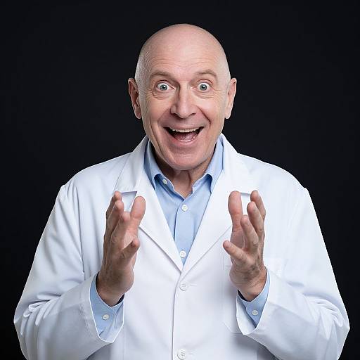 Excited Bald Male Doctor in White Lab Coat Expressing Joy