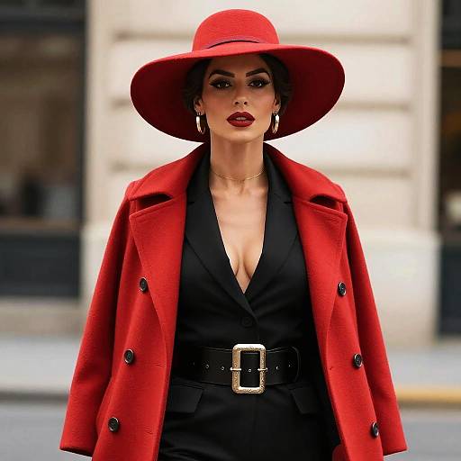 Elegant Woman in Red Hat and Coat Fashion Outfit